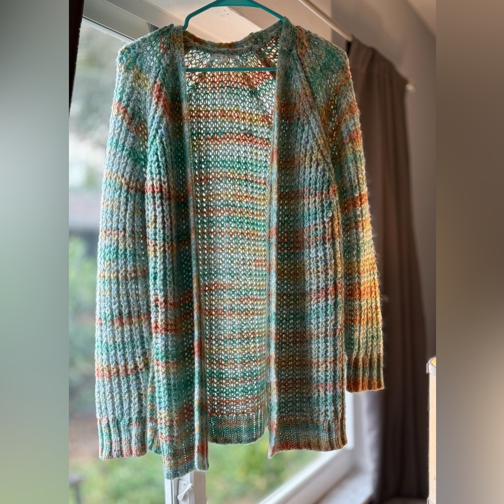 Maurices Open Front Knit Cardigan Sweater Size M Boho Striped Teal Orange